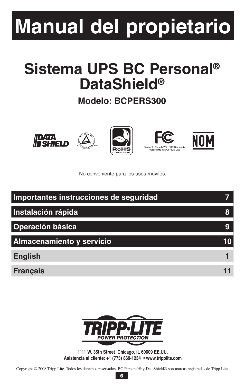 Manual del propietario, Sistema ups bc personal, Datashield | Tripp Lite BCPERS300 User Manual | Page 6 / 16