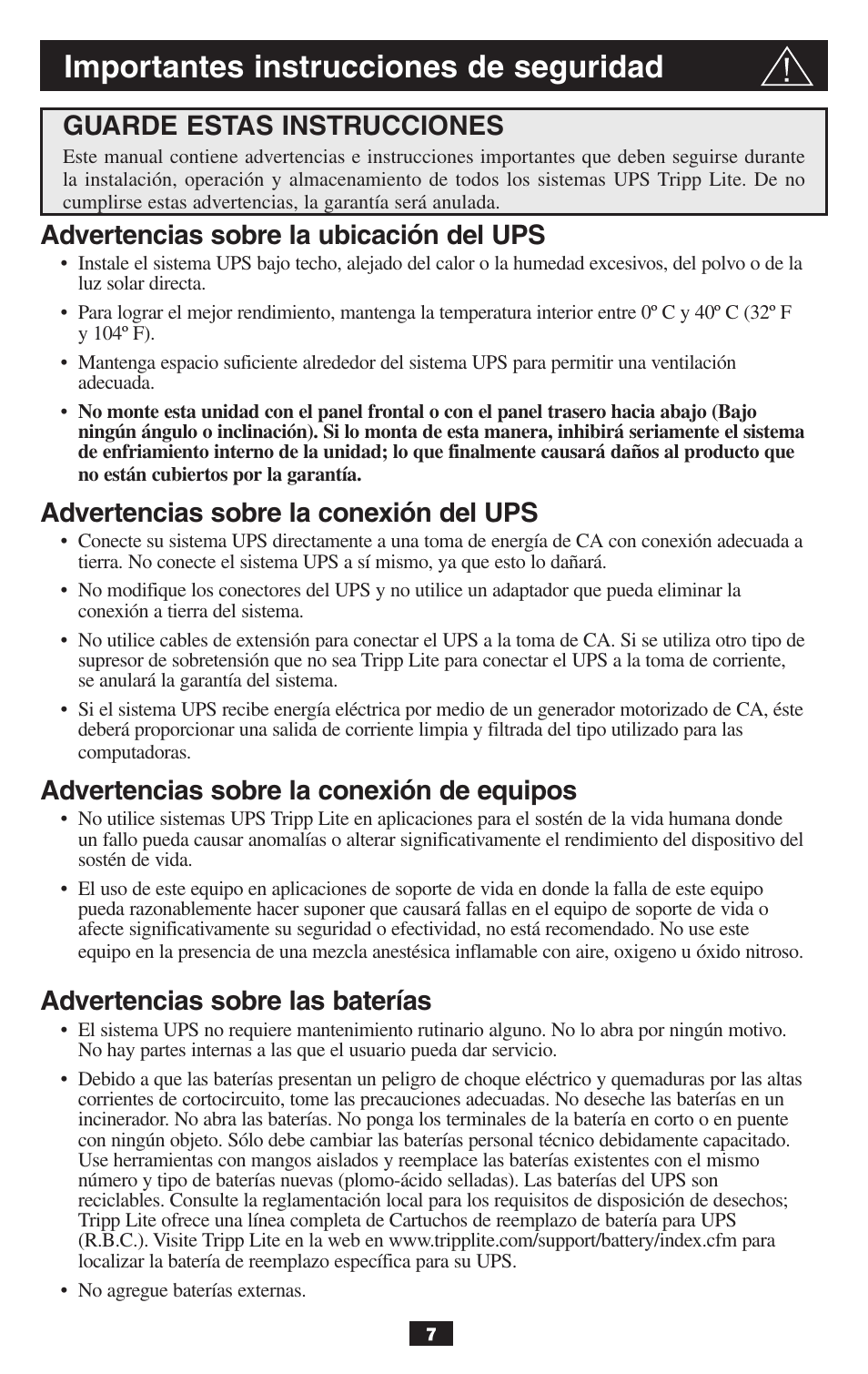 Importantes instrucciones de seguridad, Advertencias sobre la ubicación del ups, Advertencias sobre la conexión del ups | Advertencias sobre la conexión de equipos, Advertencias sobre las baterías, Guarde estas instrucciones | Tripp Lite BCPERS300 User Manual | Page 7 / 16