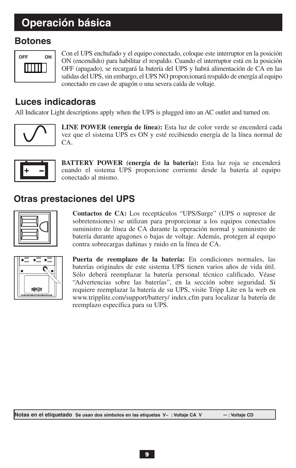 Operación básica, Botones, Otras prestaciones del ups | Luces indicadoras | Tripp Lite BCPERS300 User Manual | Page 9 / 16