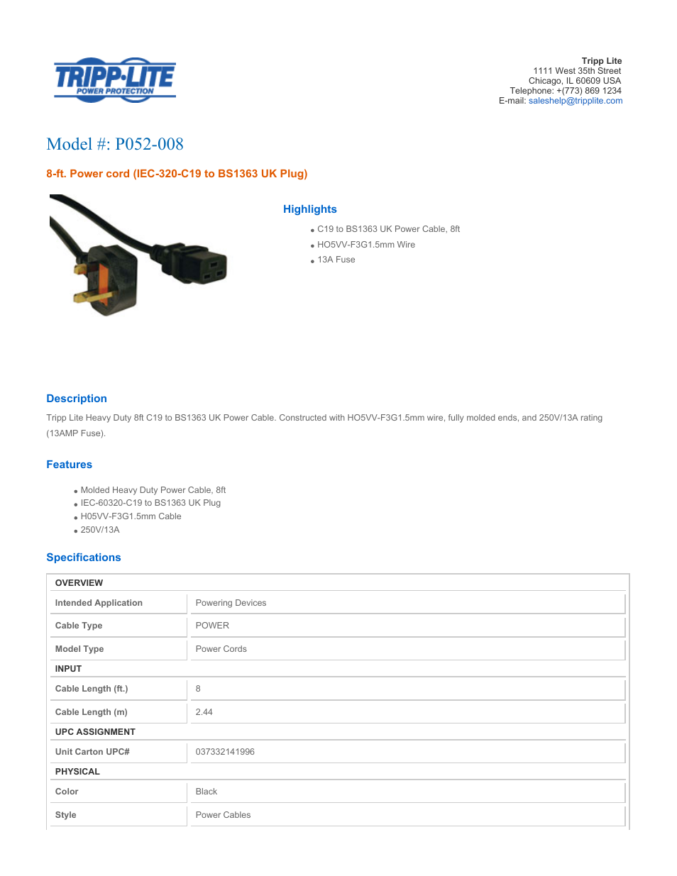 Tripp Lite P052-008 User Manual | 2 pages