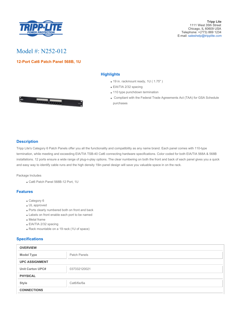 Tripp Lite 12-Port Cat6 Patch Panel N252-012 User Manual | 2 pages