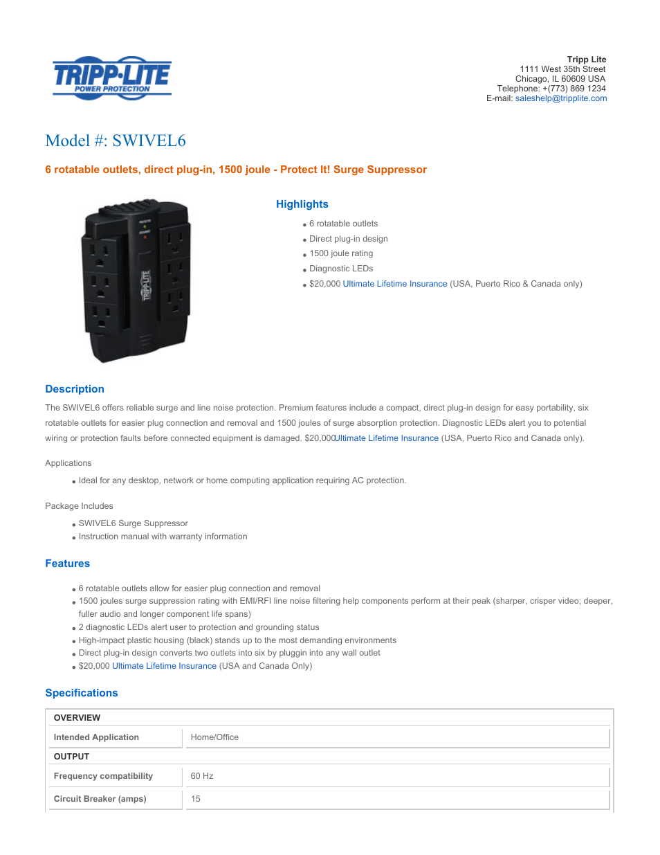 Tripp Lite Surge Suppressor SWIVEL6 User Manual | 3 pages