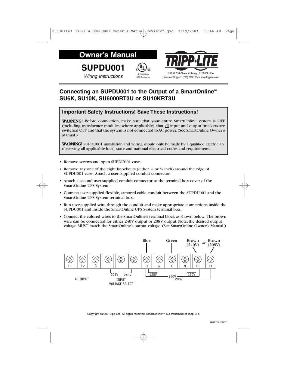 Tripp Lite SMARTONLINE SUPDU001 User Manual | 1 page