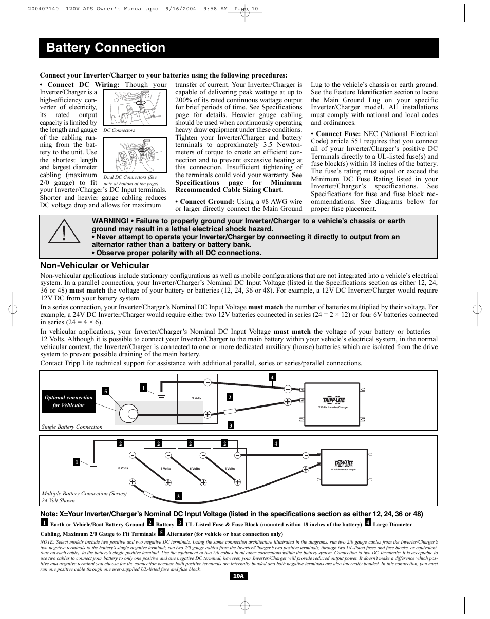 Battery connection, Non-vehicular or vehicular | Tripp Lite APS Series User Manual | Page 10 / 13