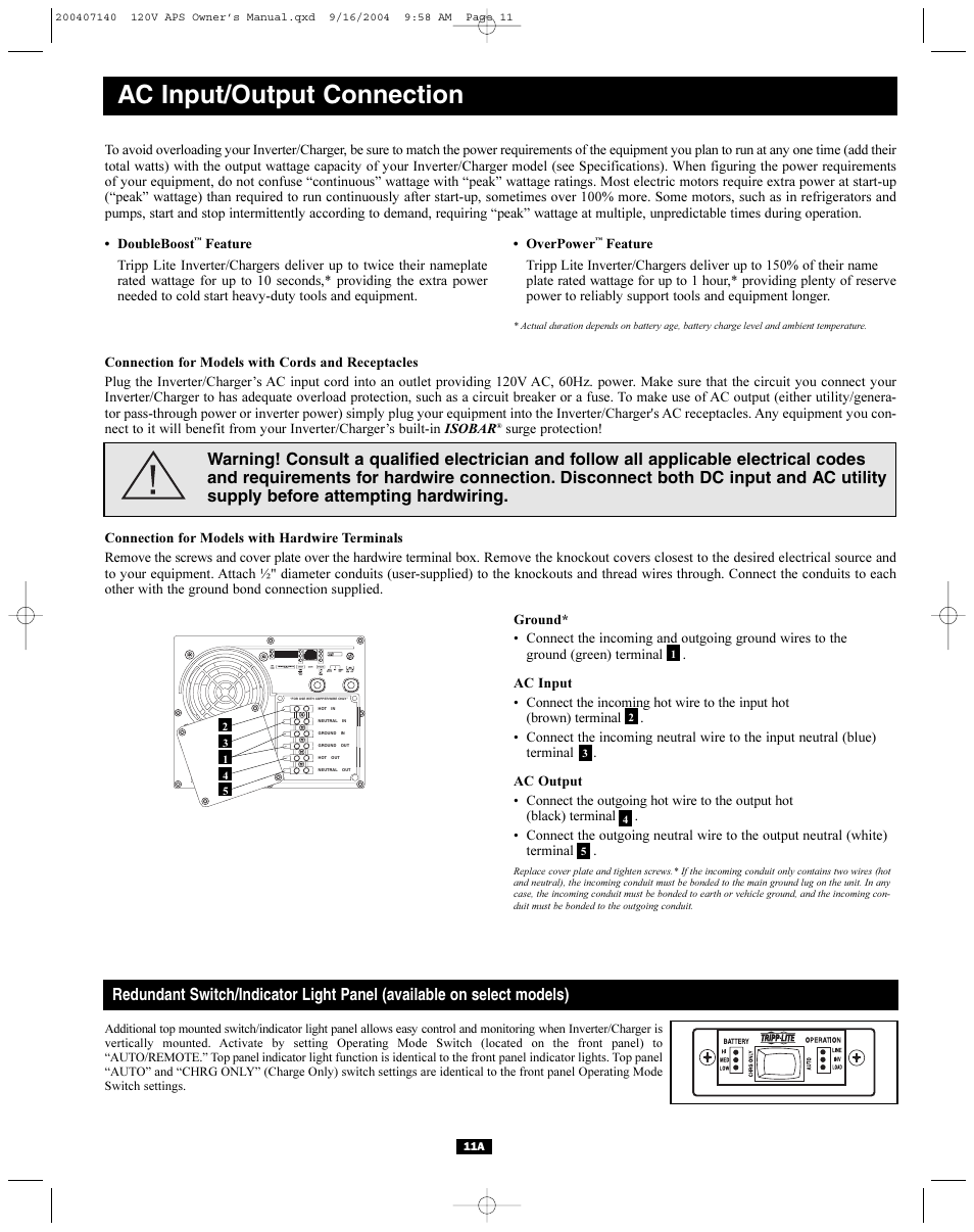 Ac input/output connection | Tripp Lite APS Series User Manual | Page 11 / 13
