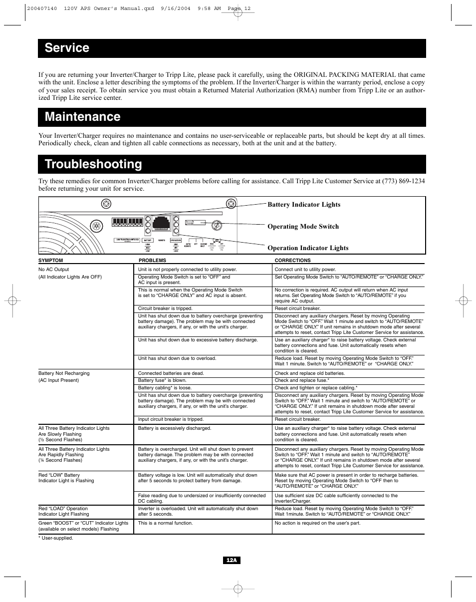 Service, Maintenance troubleshooting | Tripp Lite APS Series User Manual | Page 12 / 13