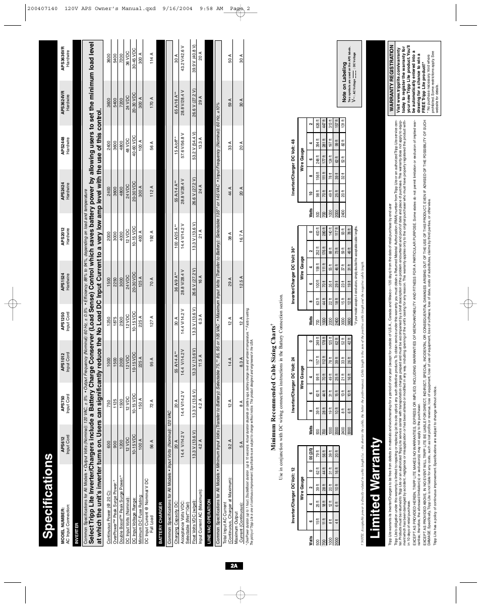 Specifications, Limited w arranty, Minimum recommended cable sizing charts | Tripp Lite APS Series User Manual | Page 2 / 13