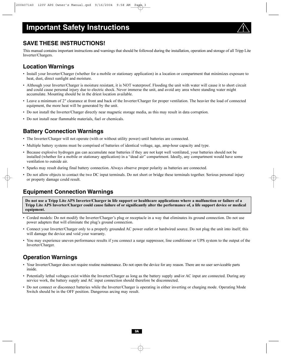 Important safety instructions, Save these instructions, Location warnings | Battery connection warnings, Equipment connection warnings, Operation warnings | Tripp Lite APS Series User Manual | Page 3 / 13