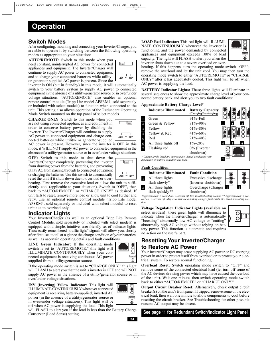 Operation, Switch modes, Indicator lights | Tripp Lite APS Series User Manual | Page 5 / 13