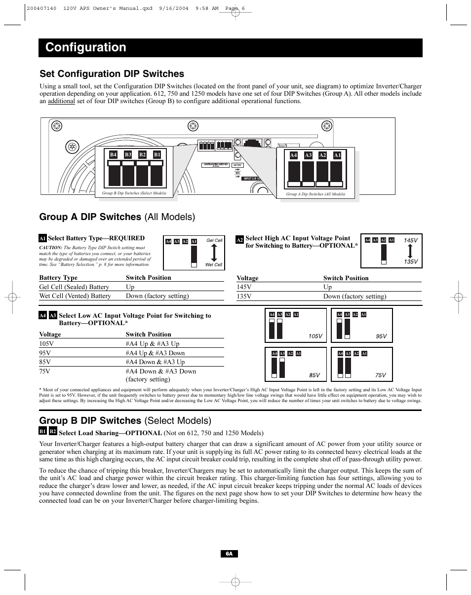 Configuration, Set configuration dip switches, Group a dip switches (all models) | Group b dip switches (select models) | Tripp Lite APS Series User Manual | Page 6 / 13