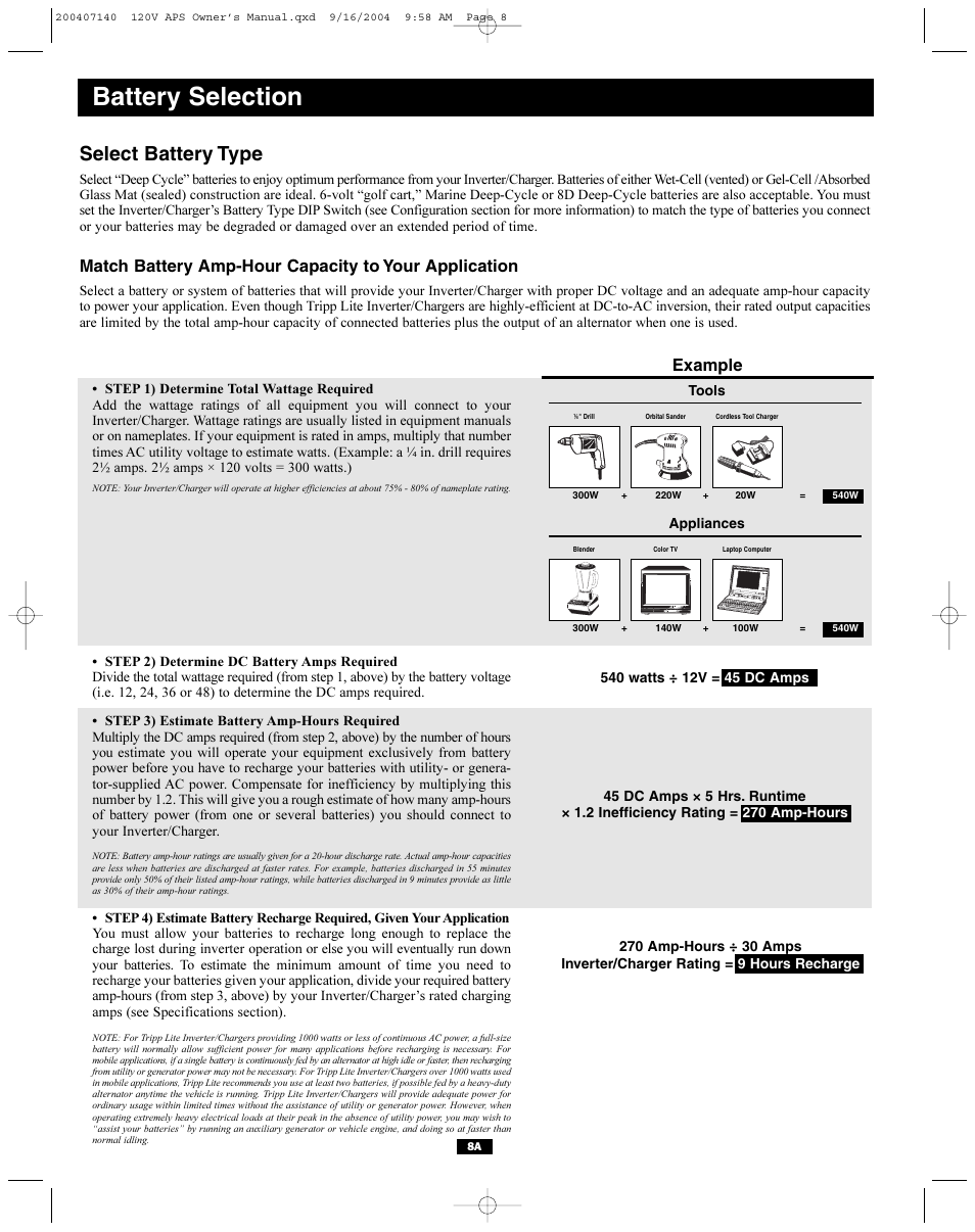 Battery selection, Select battery type, Example | Tripp Lite APS Series User Manual | Page 8 / 13