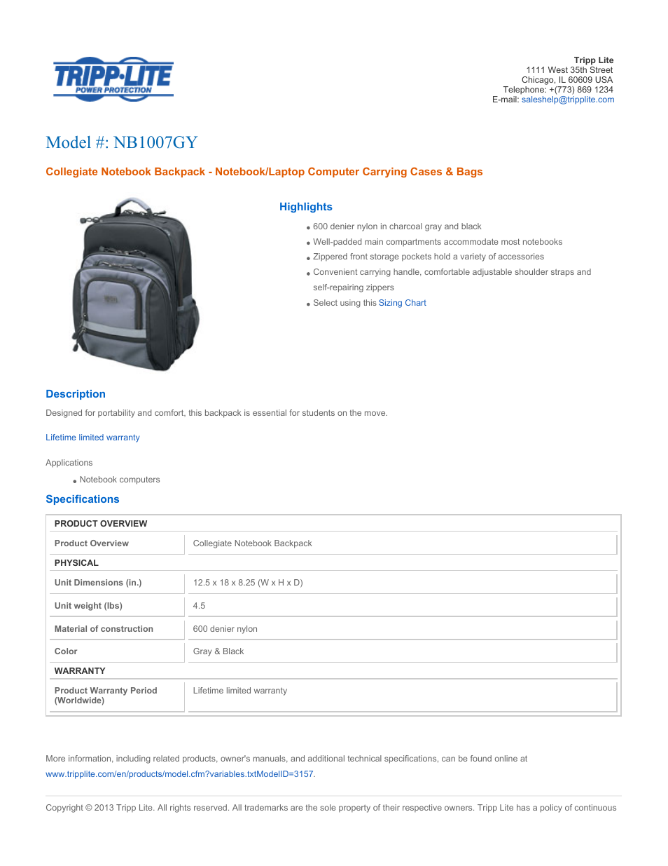 Tripp Lite NB1007GY User Manual | 2 pages