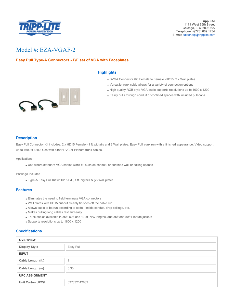 Tripp Lite EZA-VGAF-2 User Manual | 2 pages