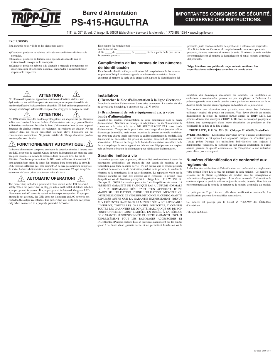 Ps-415-hgultra, Barre d’alimentation | Tripp Lite PS415HGULTRA User Manual | Page 2 / 3