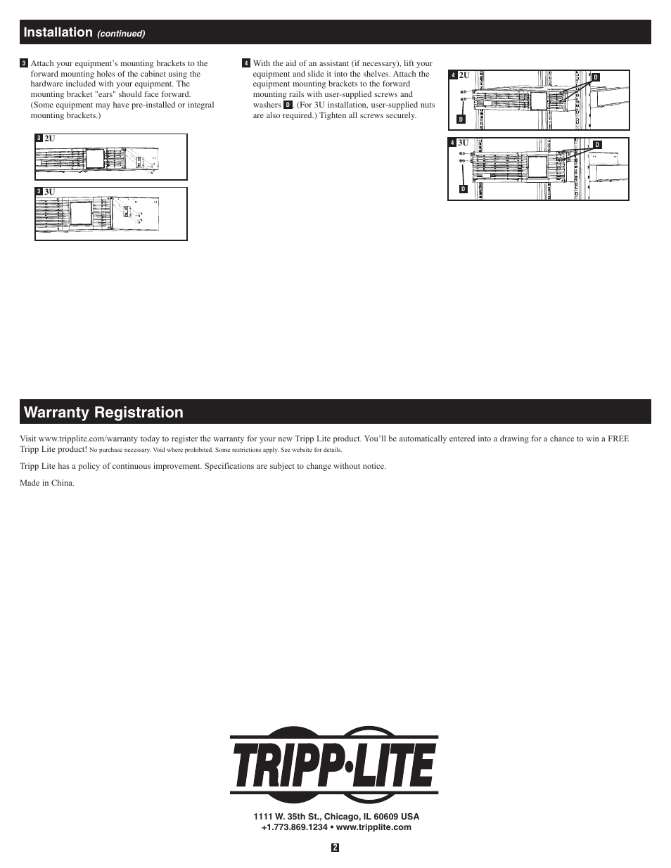 Warranty registration, Installation | Tripp Lite Adjustable Rackmount Shelf Kit 4POSTRAILKIT User Manual | Page 2 / 4