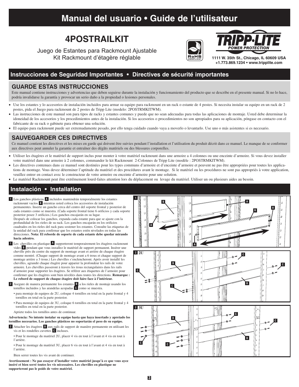 Guarde estas instrucciones, Sauvegarder ces directives | Tripp Lite Adjustable Rackmount Shelf Kit 4POSTRAILKIT User Manual | Page 3 / 4