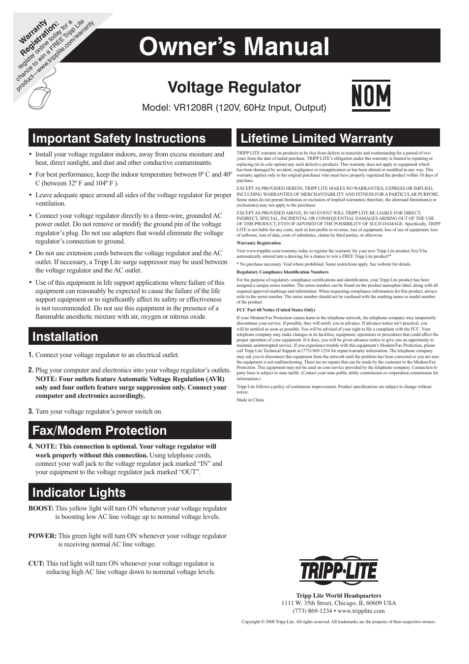 Tripp Lite VR1208R User Manual | 2 pages