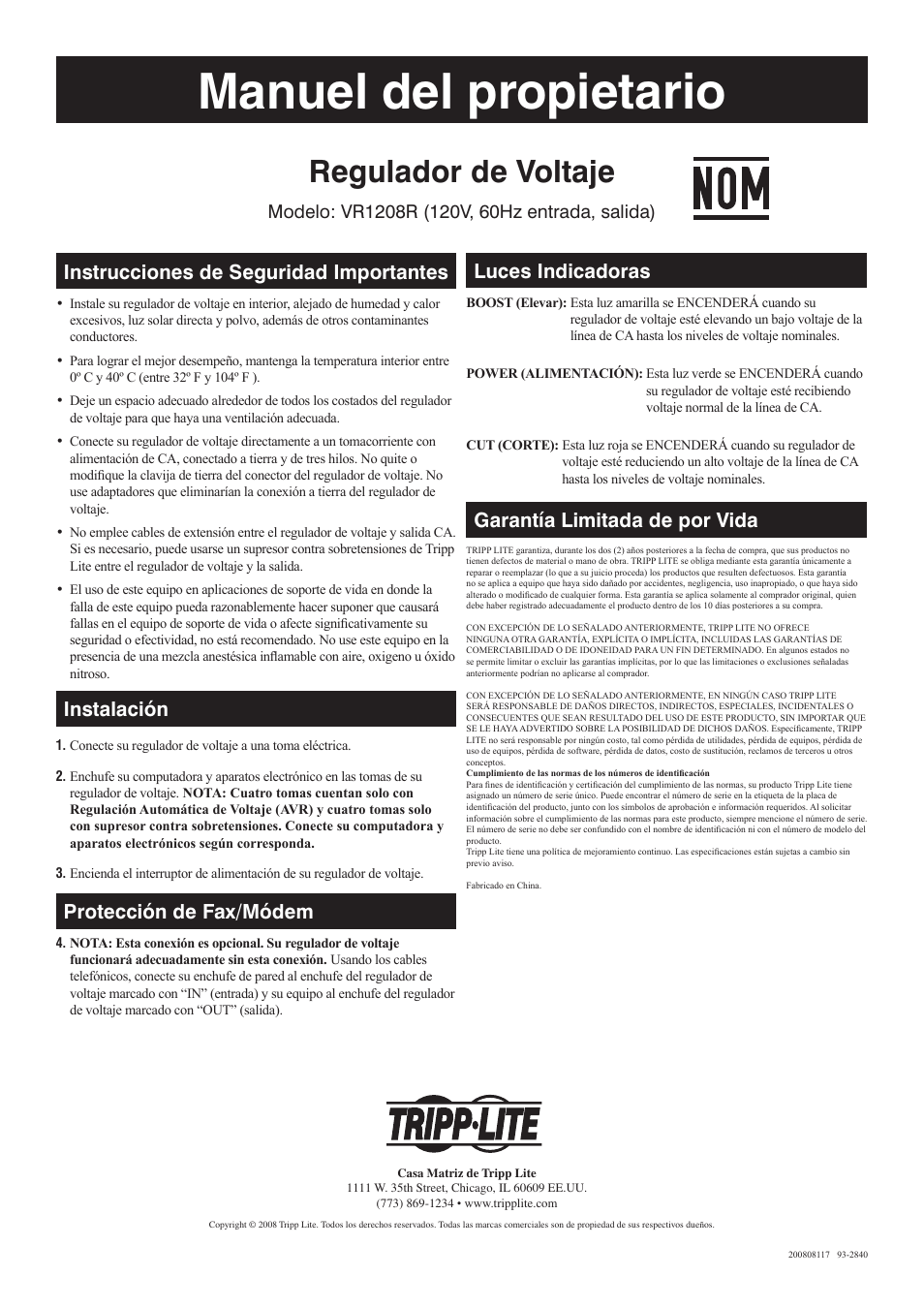 Manuel del propietario, Regulador de voltaje | Tripp Lite VR1208R User Manual | Page 2 / 2