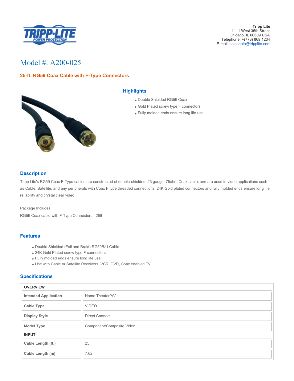 Tripp Lite A200-025 User Manual | 2 pages