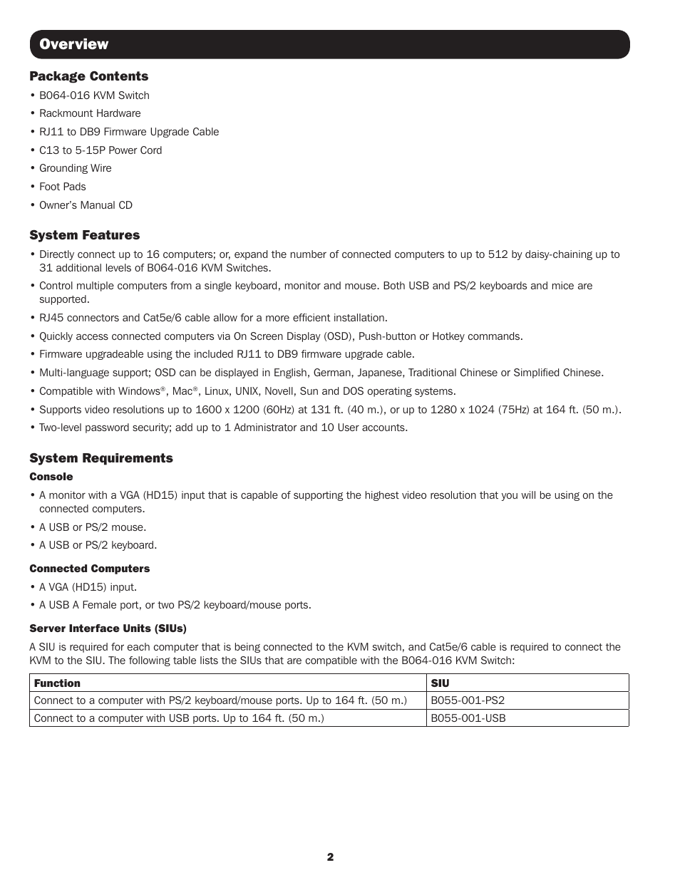 Overview | Tripp Lite B064-016 User Manual | Page 2 / 24