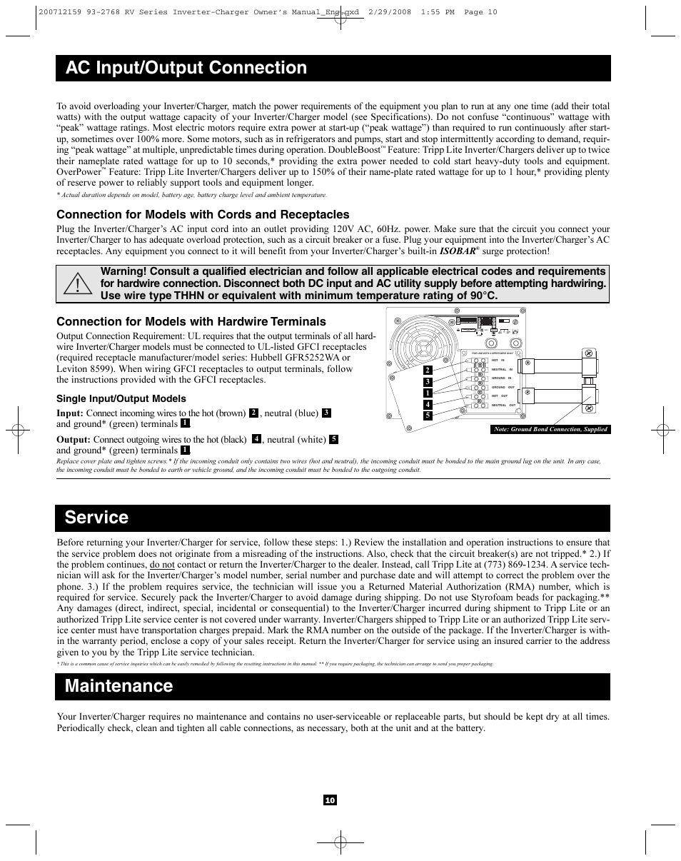 Ac input/output connection, Service, Maintenance | Connection for models with cords and receptacles, Connection for models with hardwire terminals | Tripp Lite POWERVERTER 200712159 93-2768 RV User Manual | Page 10 / 12