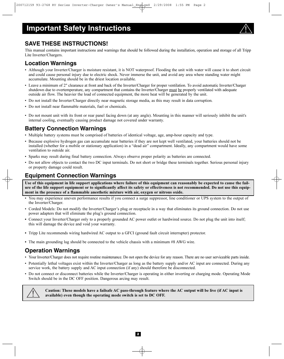 Important safety instructions, Save these instructions, Location warnings | Battery connection warnings, Equipment connection warnings, Operation warnings | Tripp Lite POWERVERTER 200712159 93-2768 RV User Manual | Page 2 / 12