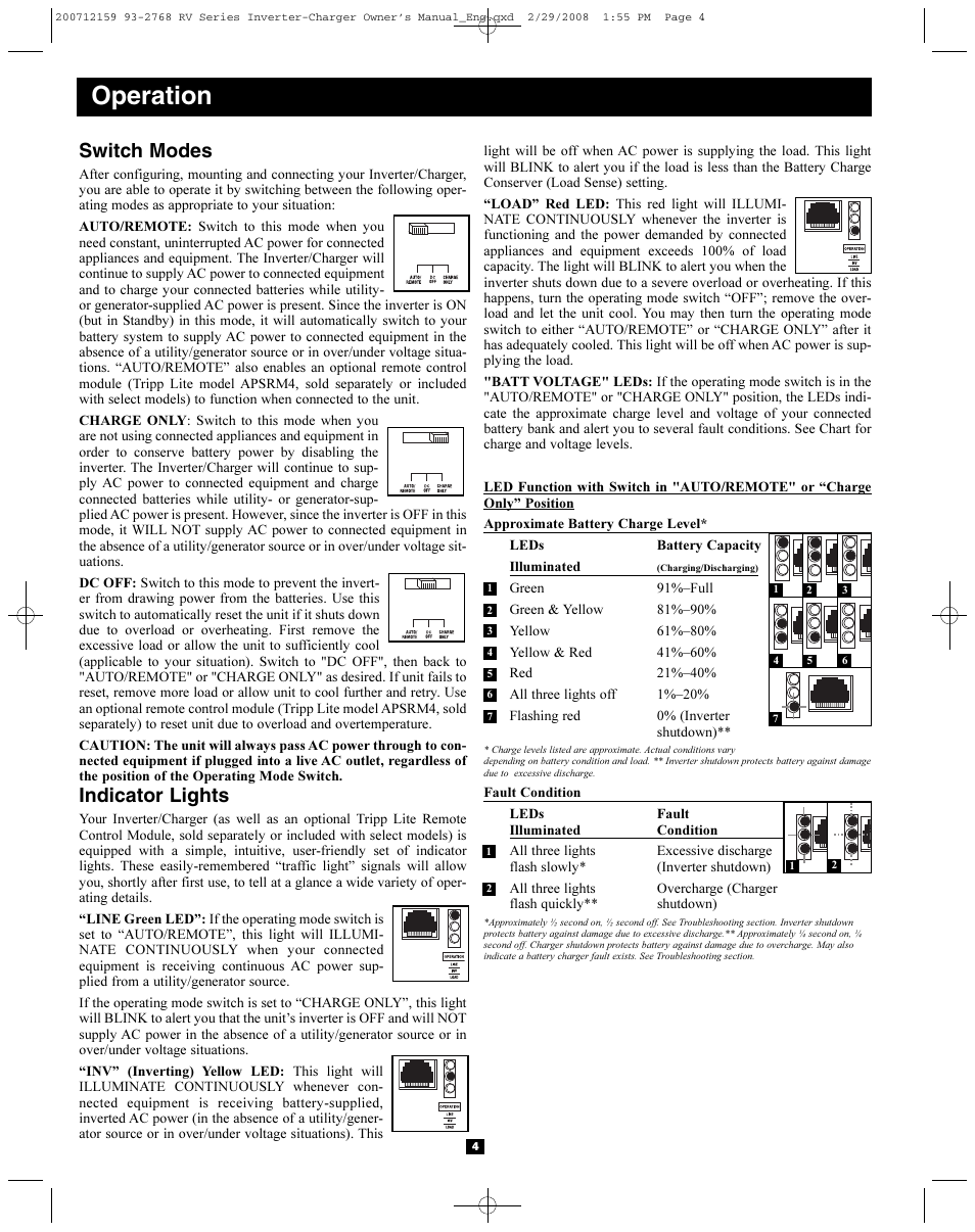 Operation, Switch modes, Indicator lights | Tripp Lite POWERVERTER 200712159 93-2768 RV User Manual | Page 4 / 12