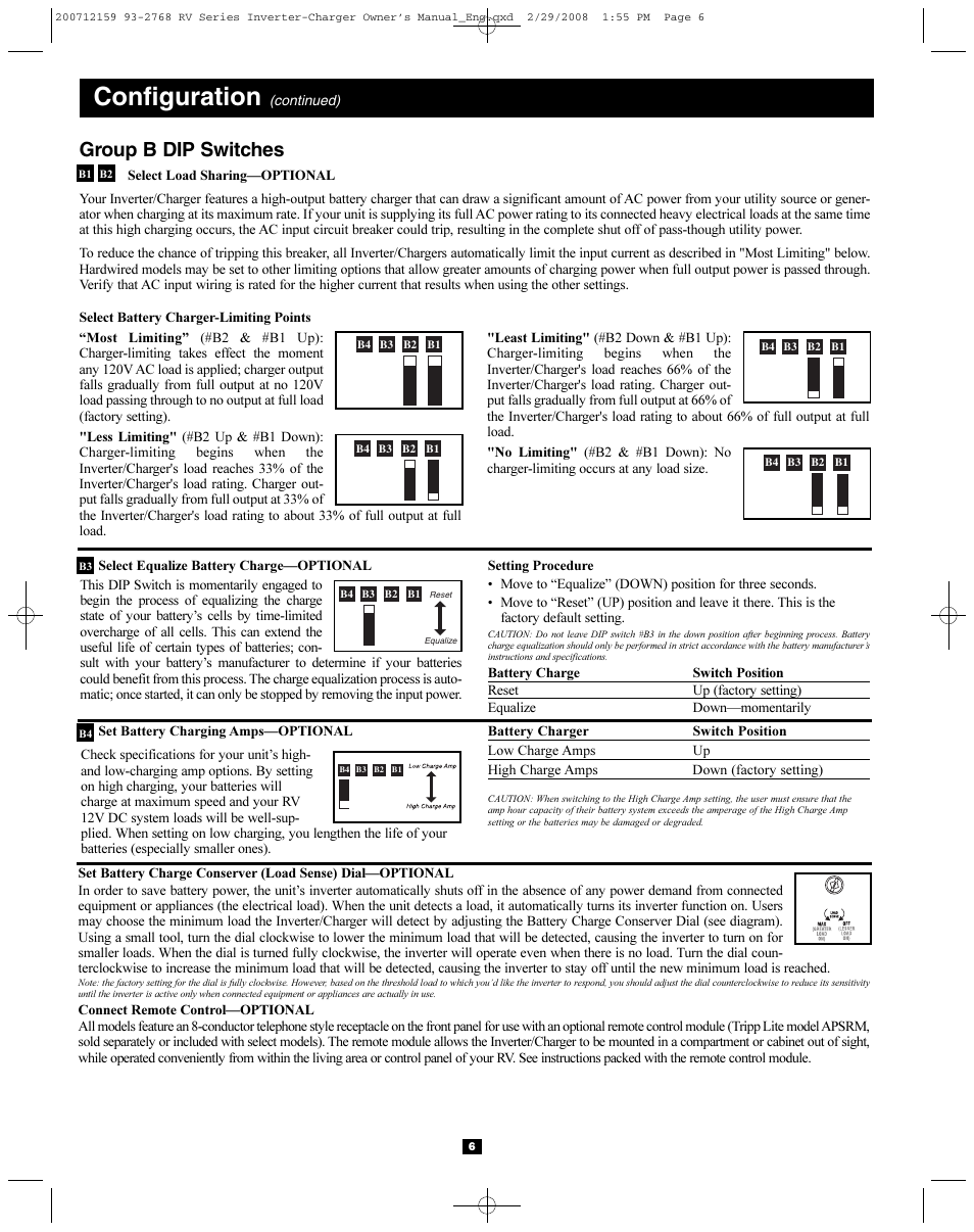 Configuration, Group b dip switches | Tripp Lite POWERVERTER 200712159 93-2768 RV User Manual | Page 6 / 12