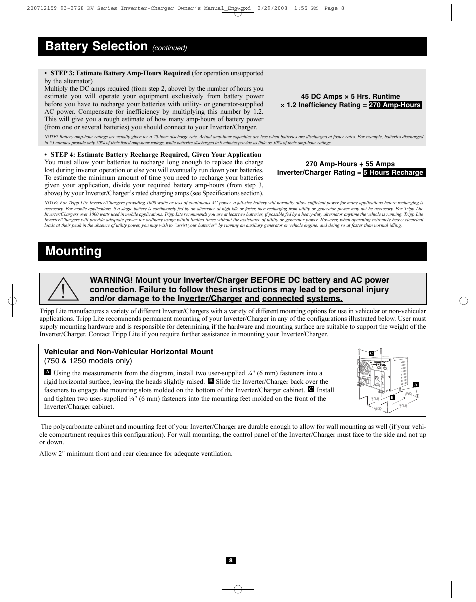 Mounting, Battery selection | Tripp Lite POWERVERTER 200712159 93-2768 RV User Manual | Page 8 / 12