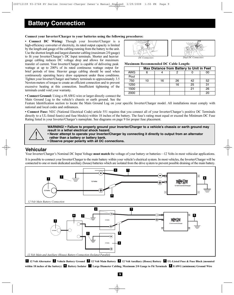 Battery connection, Vehicular | Tripp Lite POWERVERTER 200712159 93-2768 RV User Manual | Page 9 / 12