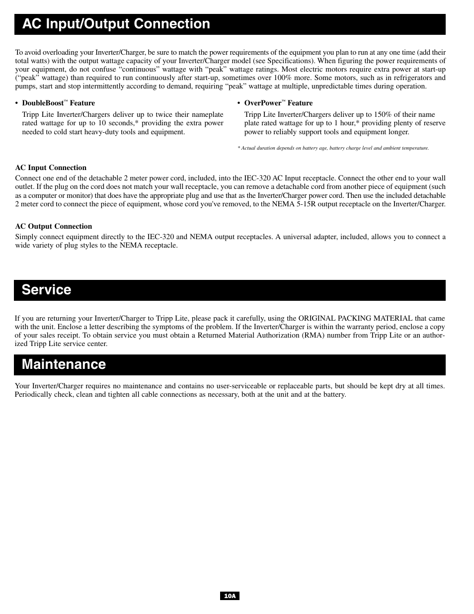 Ac input/output connection, Service, Maintenance | Tripp Lite APSINT612 User Manual | Page 10 / 12