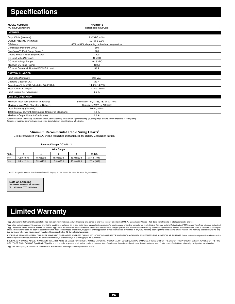 Specifications, Limited warranty, Minimum recommended cable sizing charts | Tripp Lite APSINT612 User Manual | Page 2 / 12