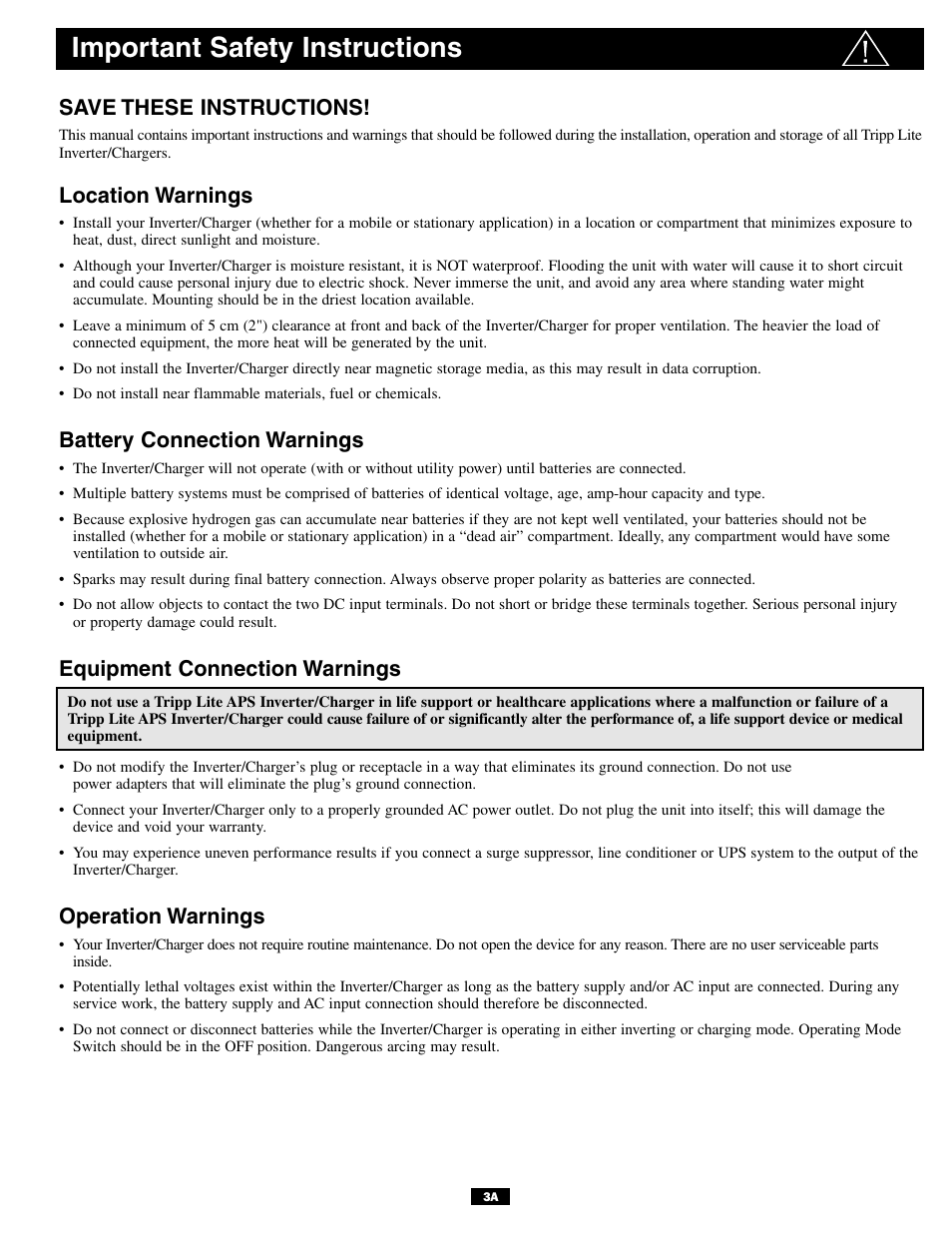 Important safety instructions, Save these instructions, Location warnings | Battery connection warnings, Equipment connection warnings, Operation warnings | Tripp Lite APSINT612 User Manual | Page 3 / 12