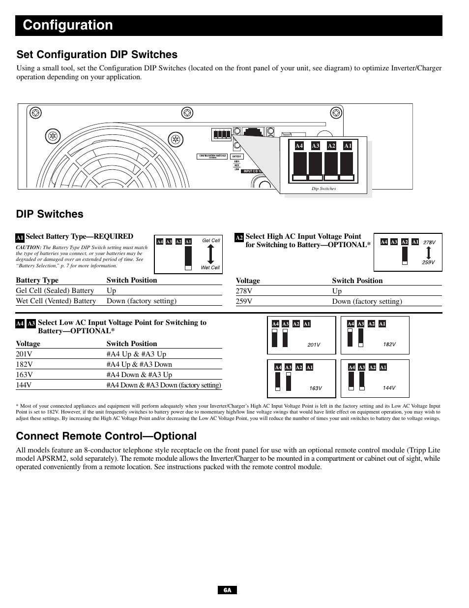 Configuration, Set configuration dip switches, Dip switches | Connect remote control—optional | Tripp Lite APSINT612 User Manual | Page 6 / 12