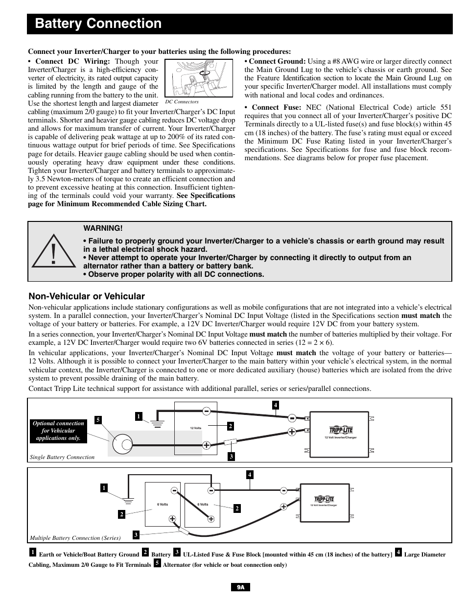 Battery connection, Non-vehicular or vehicular | Tripp Lite APSINT612 User Manual | Page 9 / 12