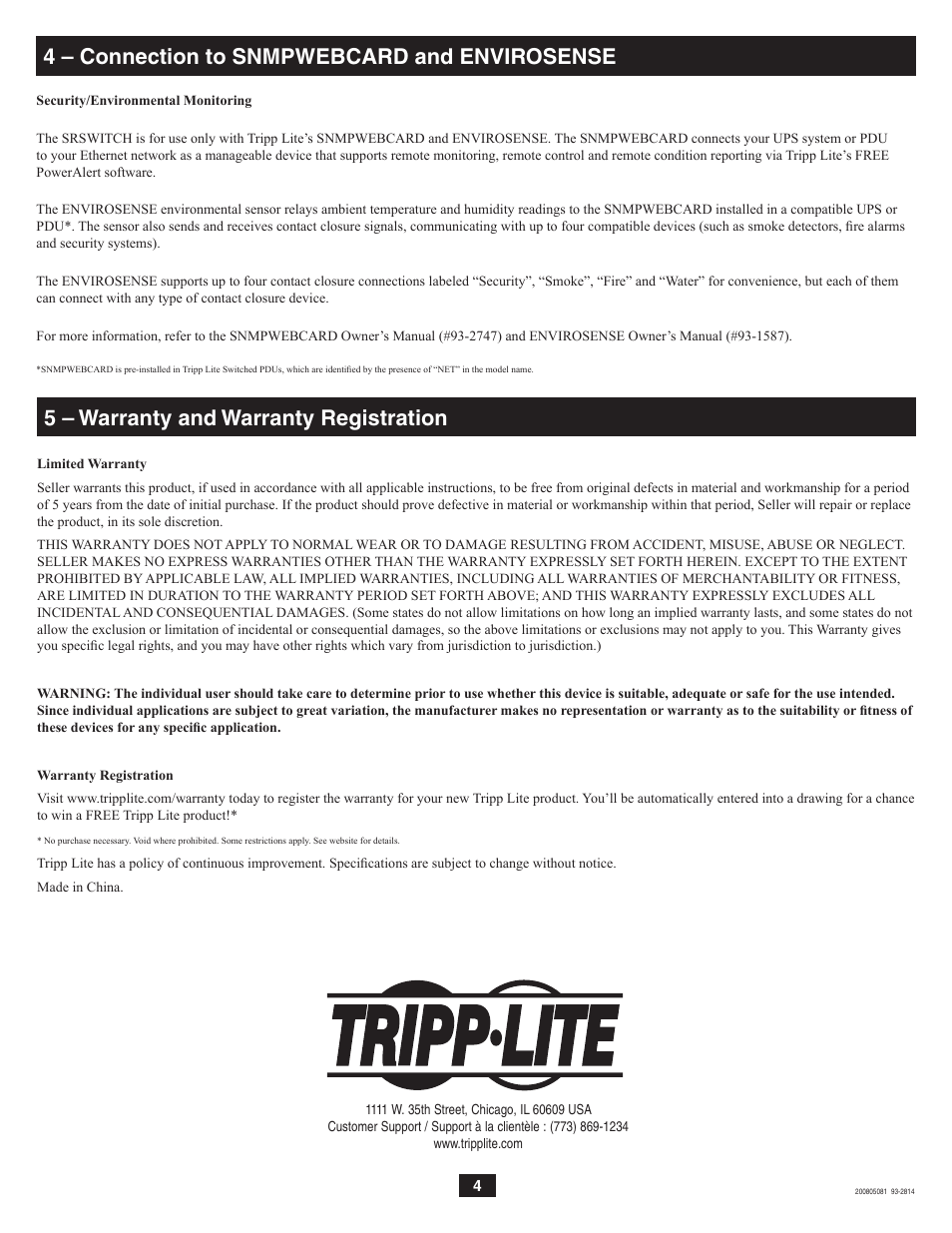 4 – connection to snmpwebcard and envirosense, 5 – warranty and warranty registration | Tripp Lite SmartRack SRSWITCH User Manual | Page 4 / 4