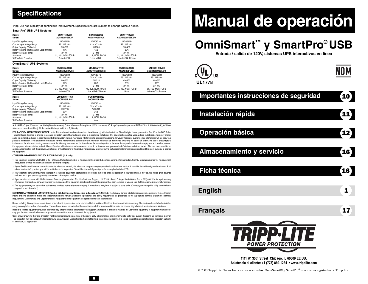 Manual de operación, Omnismart, Y smartpro | English 1 français 17, Specifications, Ul1778 | Tripp Lite OmniSmart User Manual | Page 5 / 13