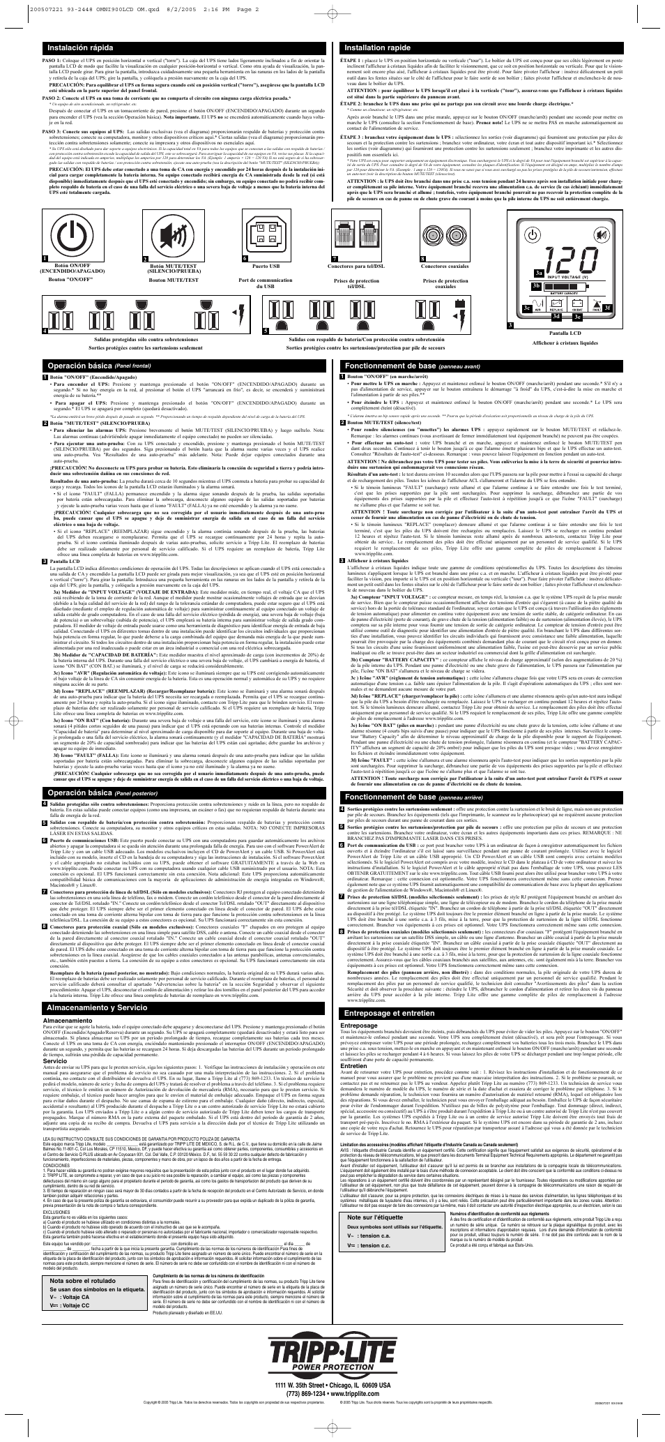 Operación básica, Almacenamiento y servicio, Fonctionnement de base | Entreposage et entretien, Instalación rápida, Installation rapide | Tripp Lite OMNI900LCD User Manual | Page 2 / 2
