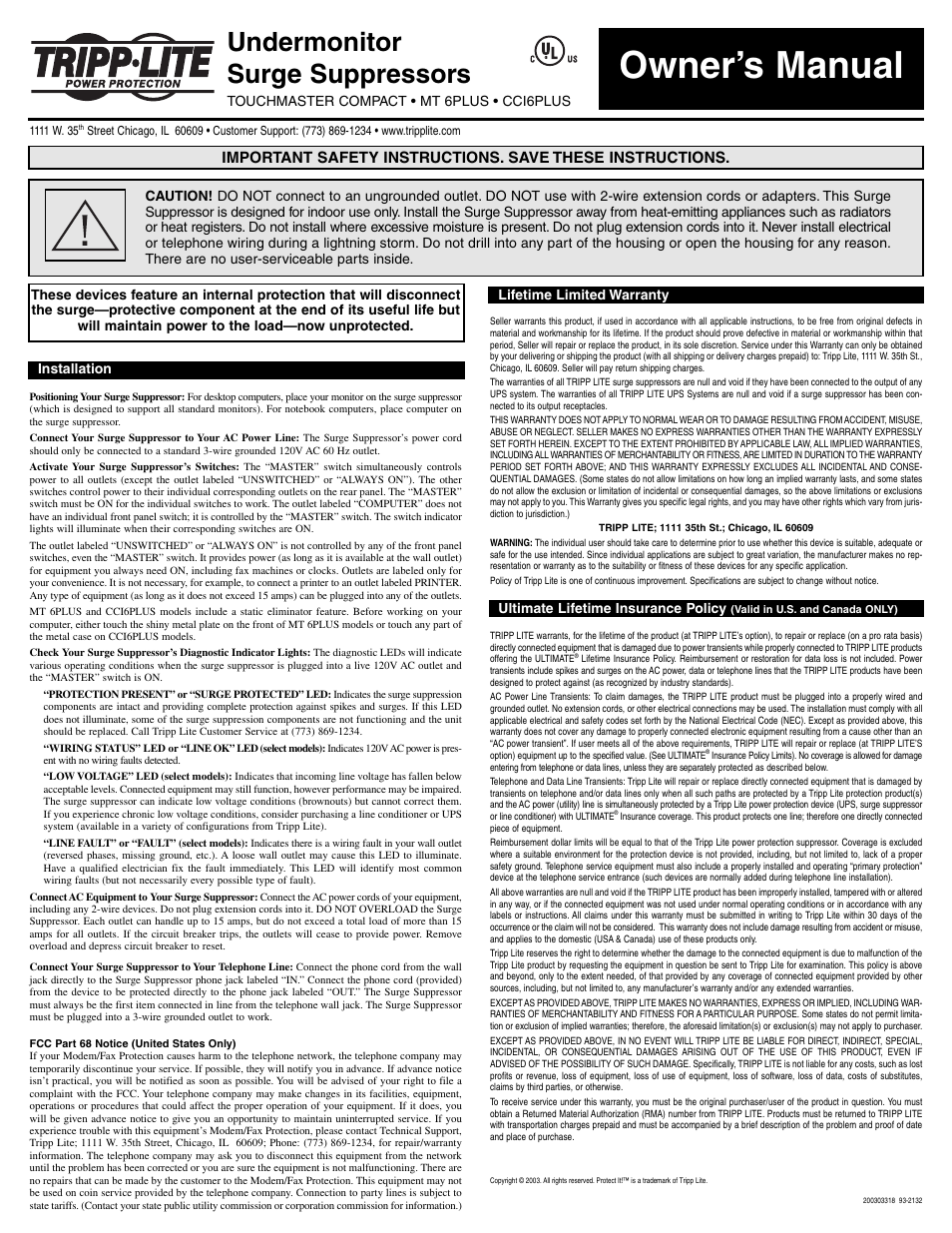 Tripp Lite Undermonitor Surge Suppressors CCI6PLUS User Manual | 1 page