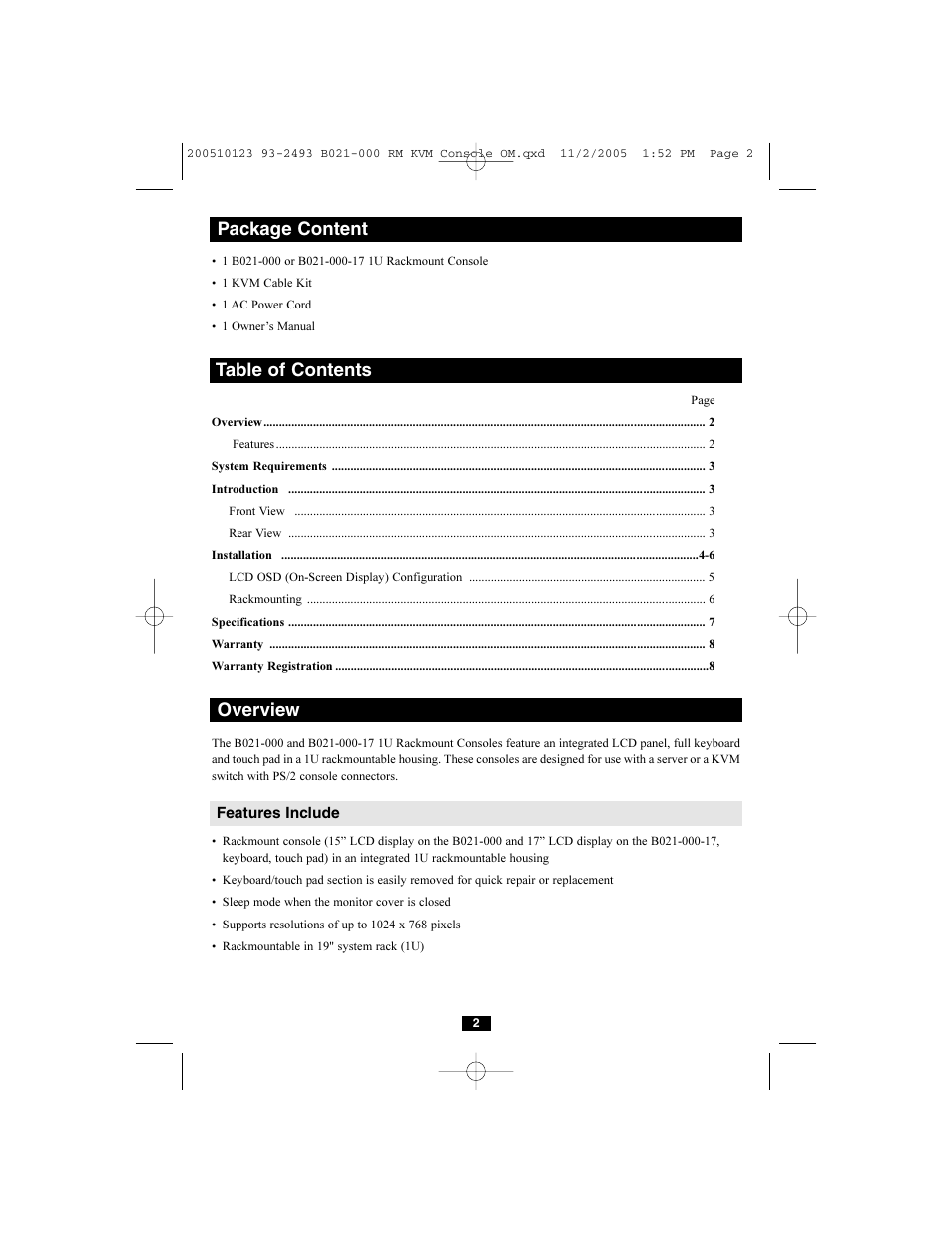 Package content table of contents, Overview | Tripp Lite B021-000-17 User Manual | Page 2 / 8