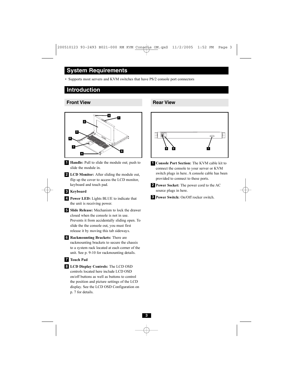 System requirements, Introduction, Front view rear view | Tripp Lite B021-000-17 User Manual | Page 3 / 8