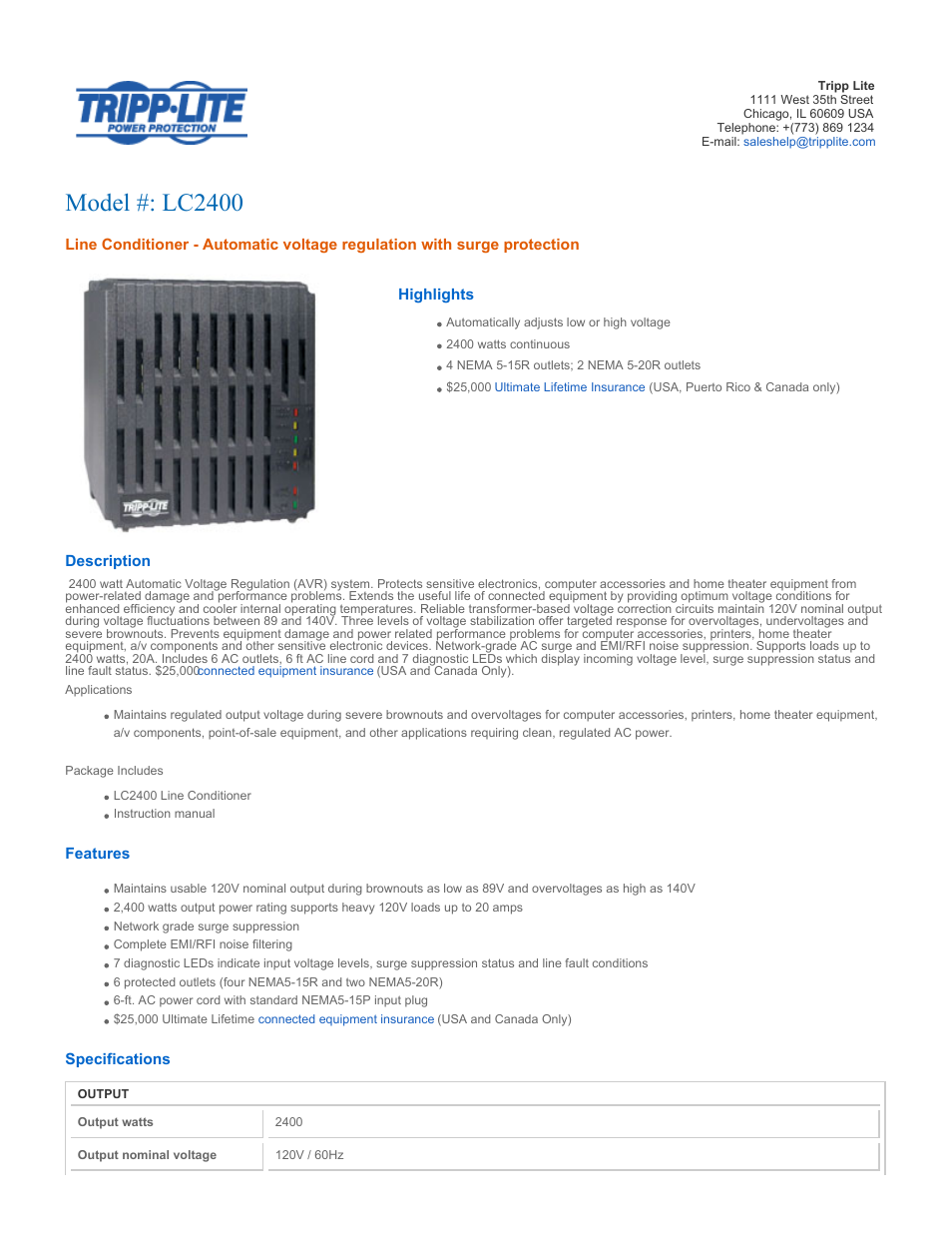 Tripp Lite LC2400 User Manual | 2 pages