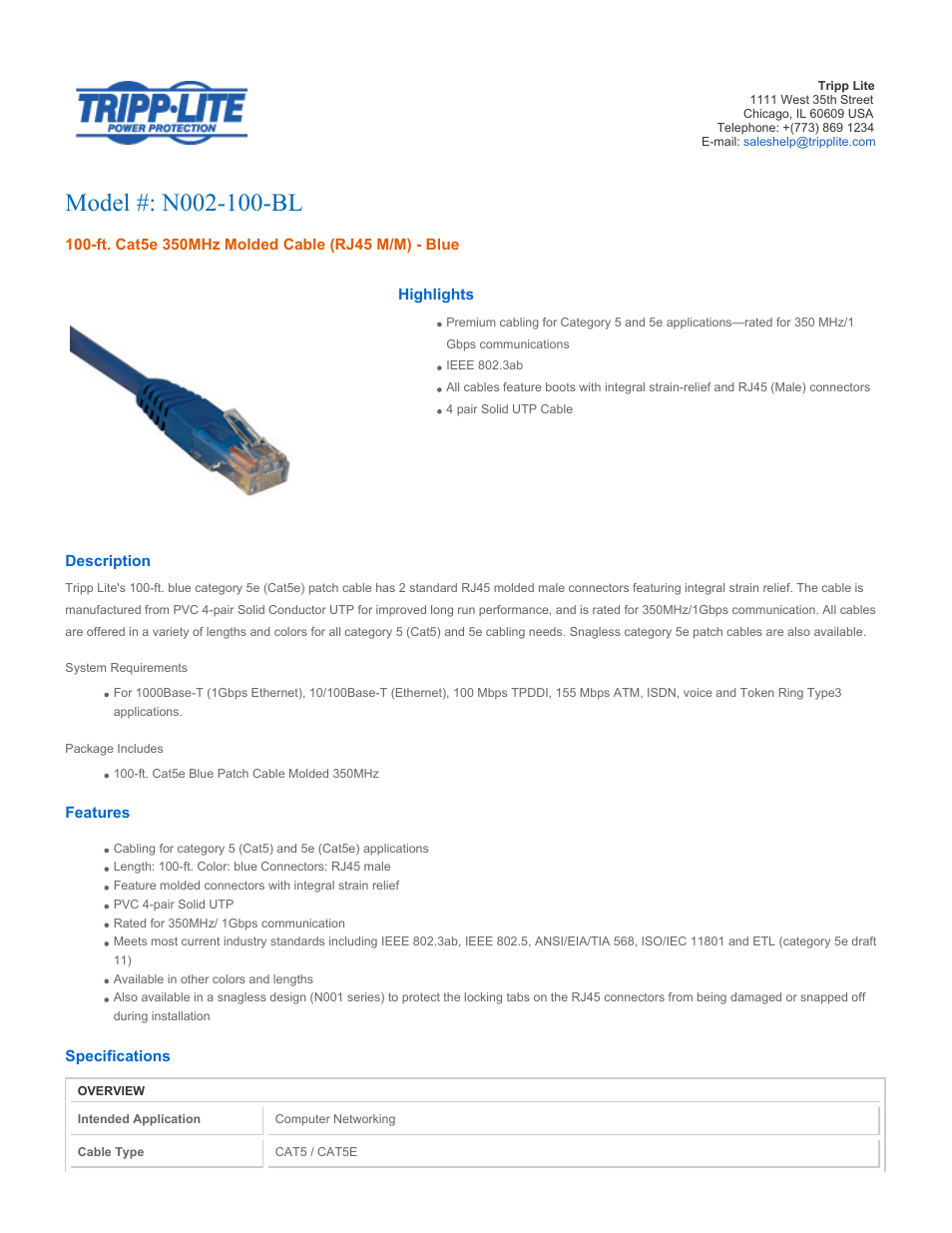 Tripp Lite N002-100-BL User Manual | 3 pages