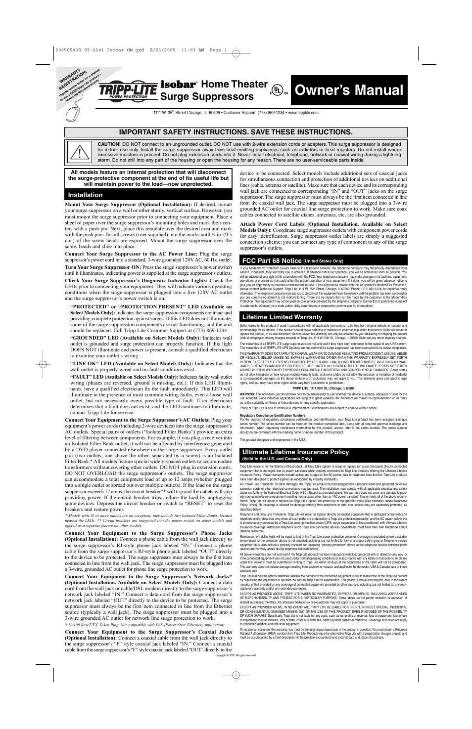 Tripp Lite Home Theater Surge Suppressors User Manual | 2 pages