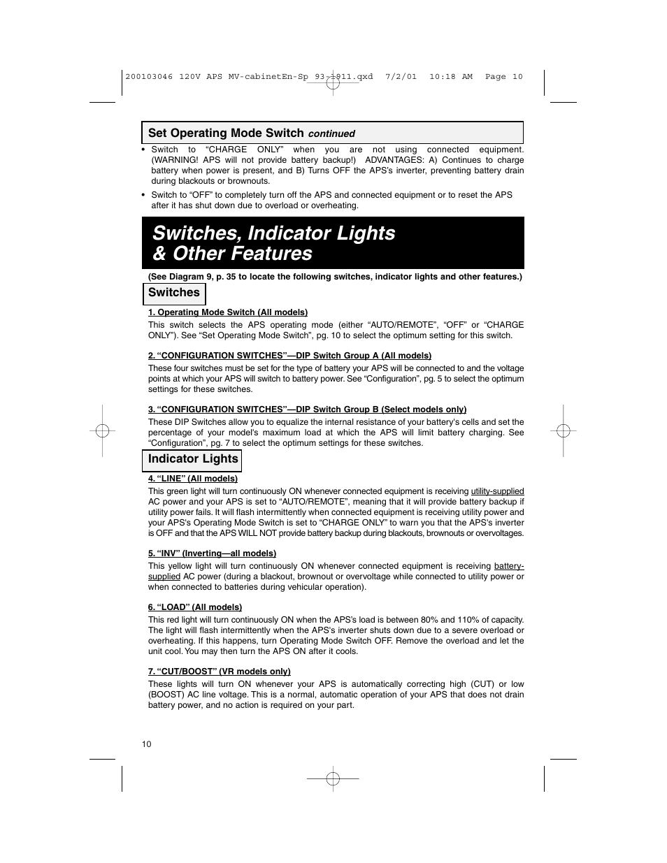 Switches, indicator lights & other features, Set operating mode switch, Switches | Indicator lights | Tripp Lite APS PowerVerter User Manual | Page 10 / 36
