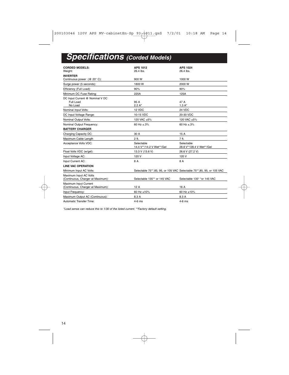 Specifications, Corded models) | Tripp Lite APS PowerVerter User Manual | Page 14 / 36