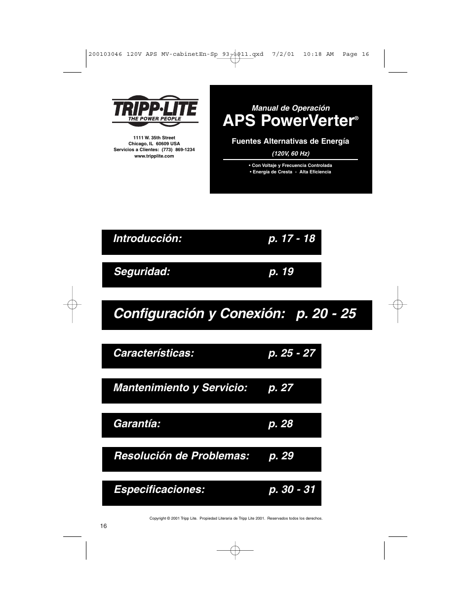 Aps powerverter, Configuración y conexión: p. 20 - 25 | Tripp Lite APS PowerVerter User Manual | Page 16 / 36