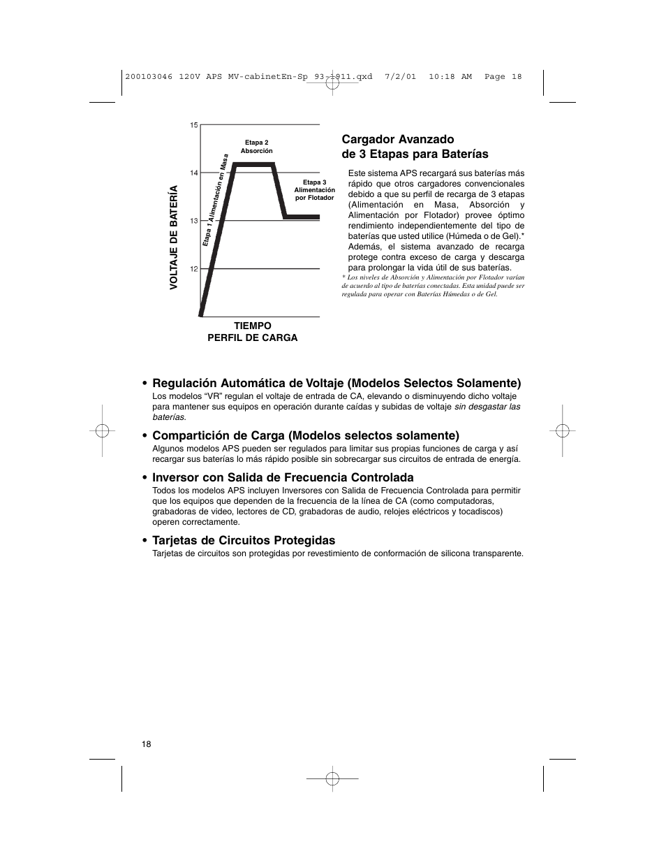 Cargador avanzado de 3 etapas para baterías, Compartición de carga (modelos selectos solamente), Inversor con salida de frecuencia controlada | Tarjetas de circuitos protegidas | Tripp Lite APS PowerVerter User Manual | Page 18 / 36