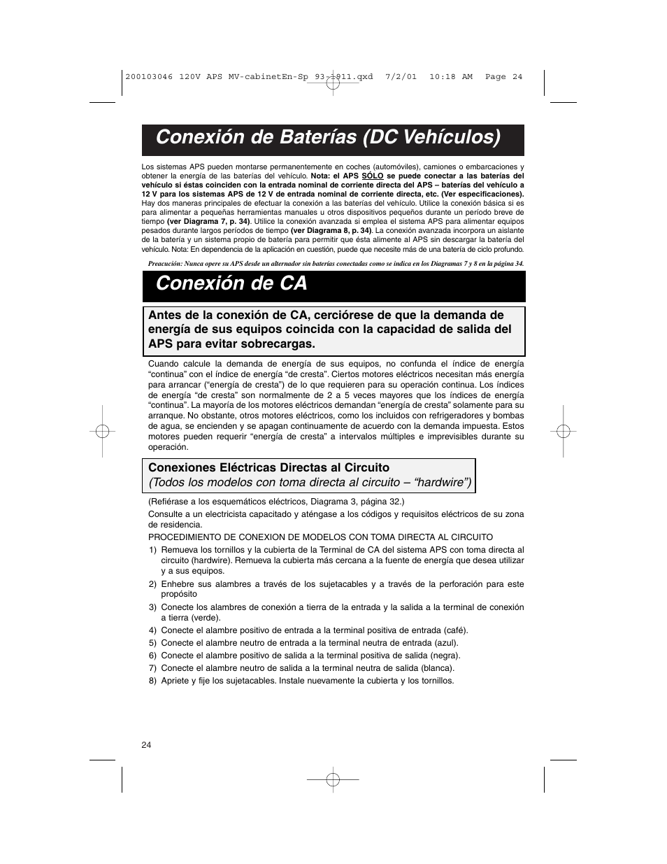 Conexión de baterías (dc vehículos), Conexión de ca | Tripp Lite APS PowerVerter User Manual | Page 24 / 36