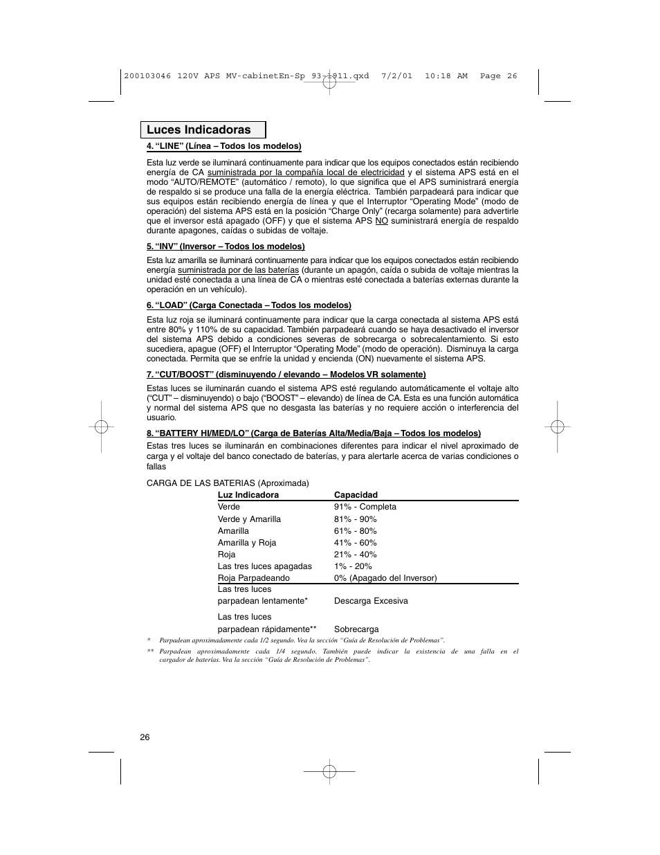 Luces indicadoras | Tripp Lite APS PowerVerter User Manual | Page 26 / 36